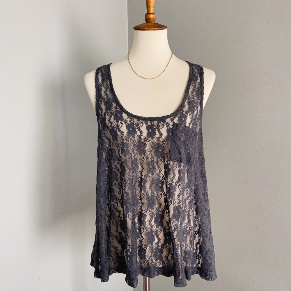 grey lace floral flowy boho sheer tank with pocket